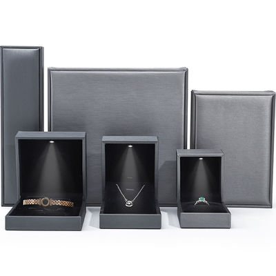 Grey Lightweight Leather LED Jewelry Box Luxury Packaging For Bracelet Necklace Ring