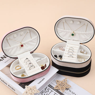 Oval Multiple Cells Soft Velvet Jewelry Travel Zipper Organizer for Pendant Ring