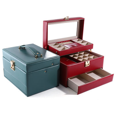 Portable PU Leather Travel Jewelry Drawer Organizer Box With Mirror Multi Function