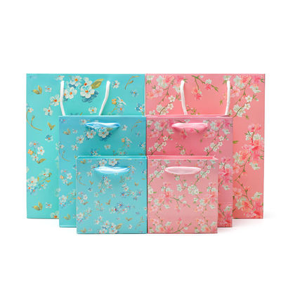 Flower Pattern Sturdy Cardboard Paper Tote Bag With Handles For Girl'S Birthday Gift