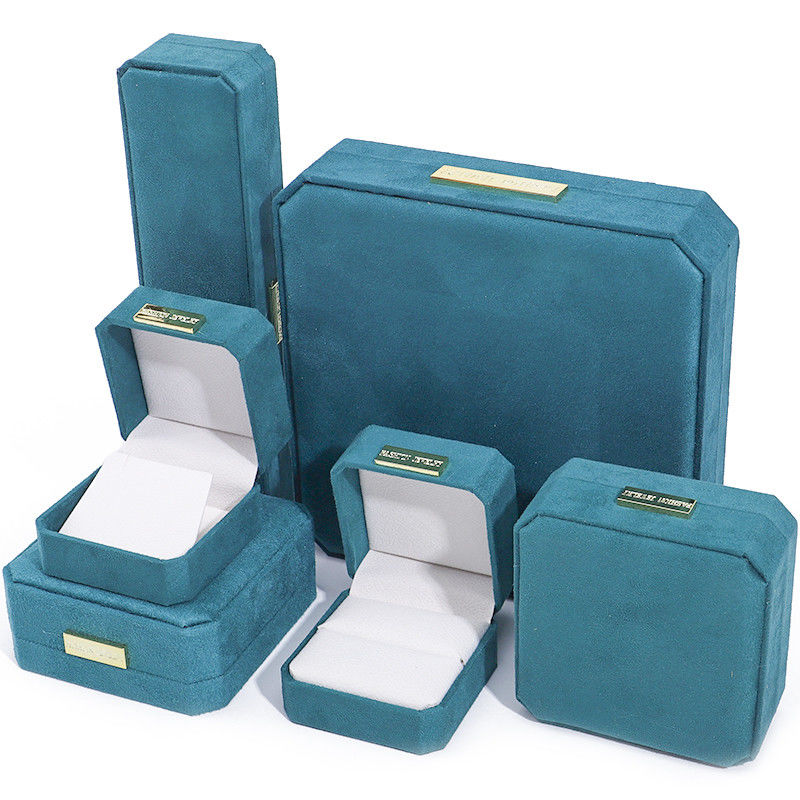 Octagonal Velvet Jewelry Box customizable Jewellery Box In Peacock Green With Golden patch