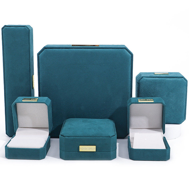 Octagonal Velvet Jewelry Box customizable Jewellery Box In Peacock Green With Golden patch