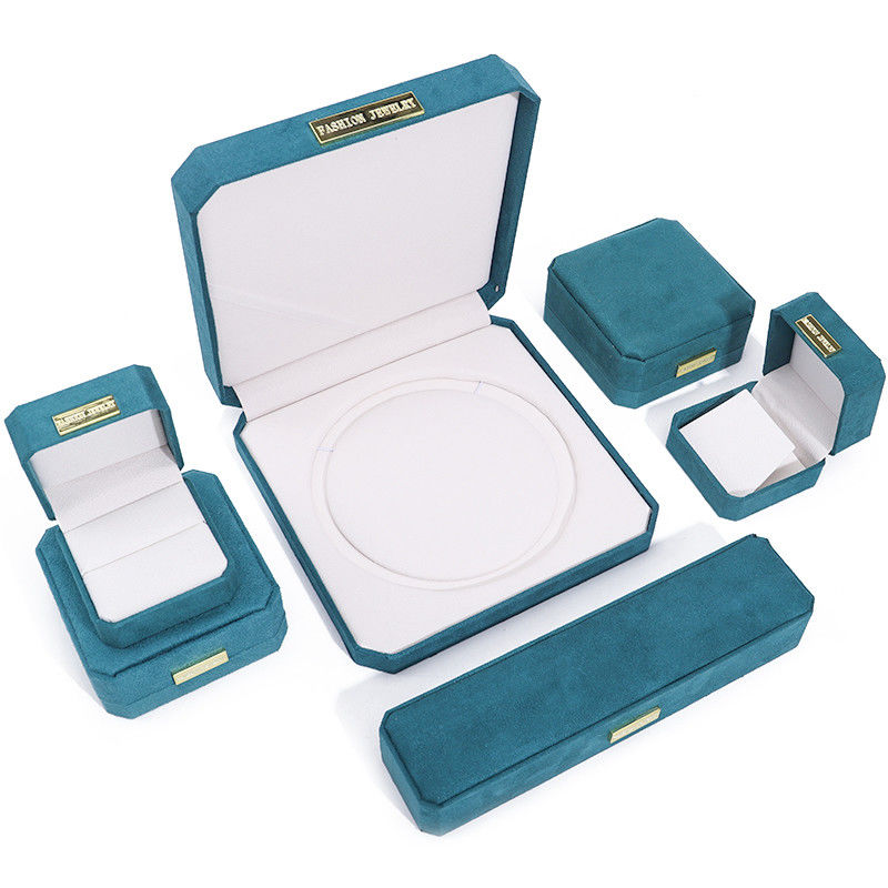 Octagonal Velvet Jewelry Box customizable Jewellery Box In Peacock Green With Golden patch