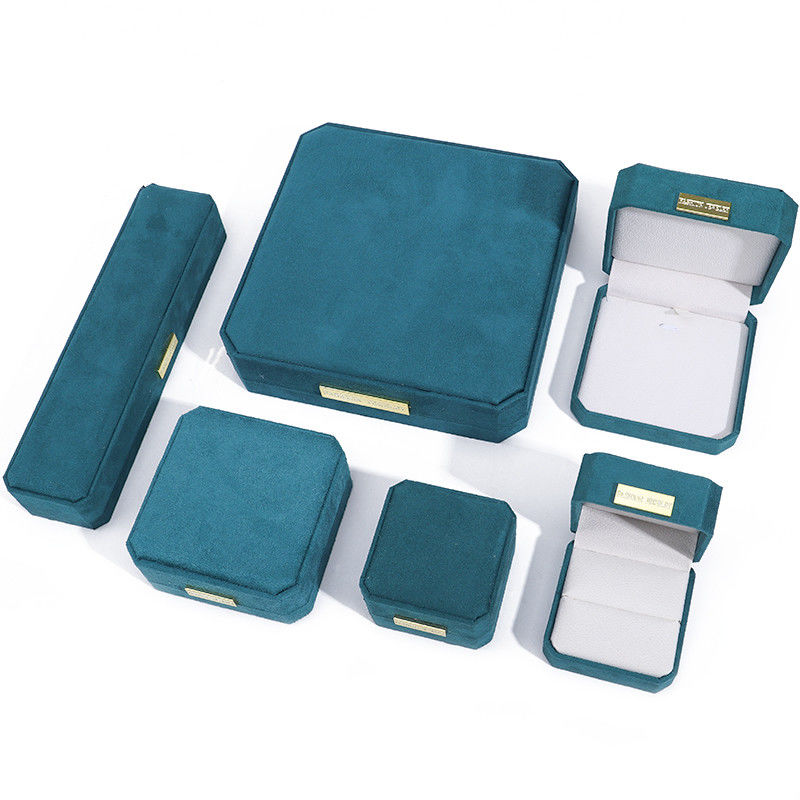 Octagonal Velvet Jewelry Box customizable Jewellery Box In Peacock Green With Golden patch