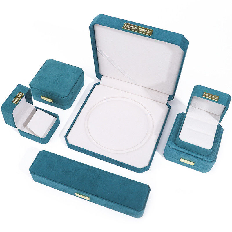 Octagonal Velvet Jewelry Box customizable Jewellery Box In Peacock Green With Golden patch