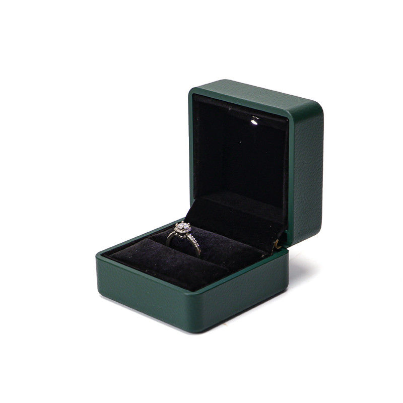 Custom Ring Packaging Solution Lighted Green Leather Jewelry Box with Silk Lining and Logo