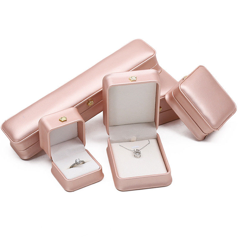 Custom Logo Jewelry Box Rose Gold Leather Crown Design for Rings Earrings and Necklaces