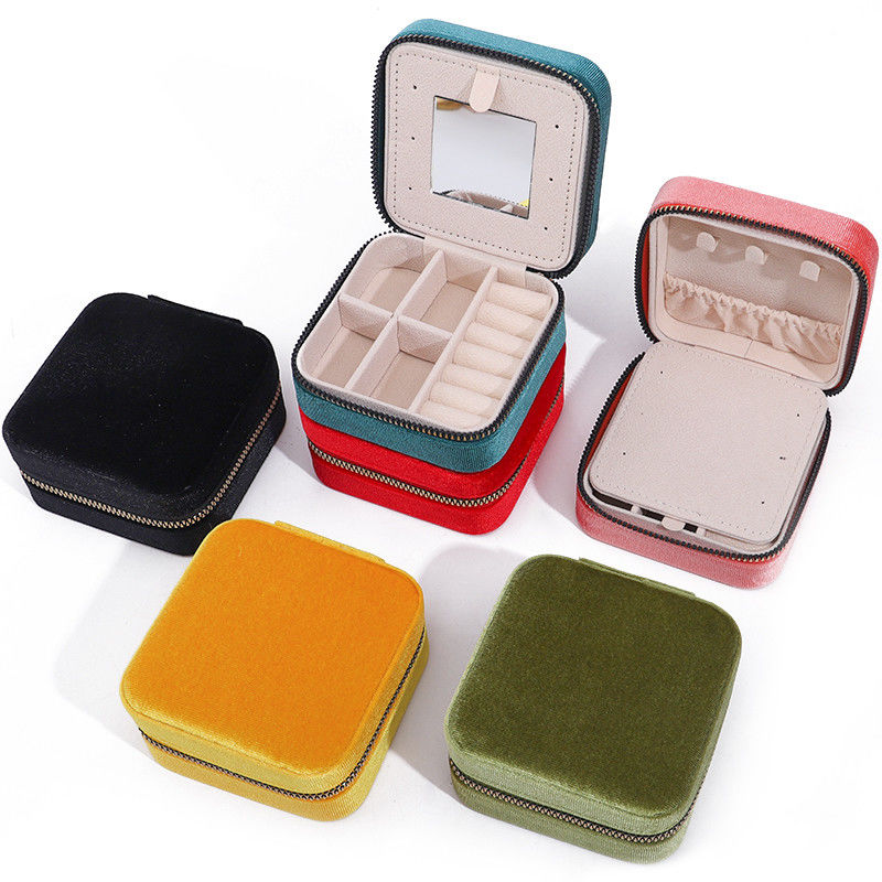 Custom Logo Velvet Jewelry Boxes Travel Storage for Earrings Necklace Ring Mirror Box