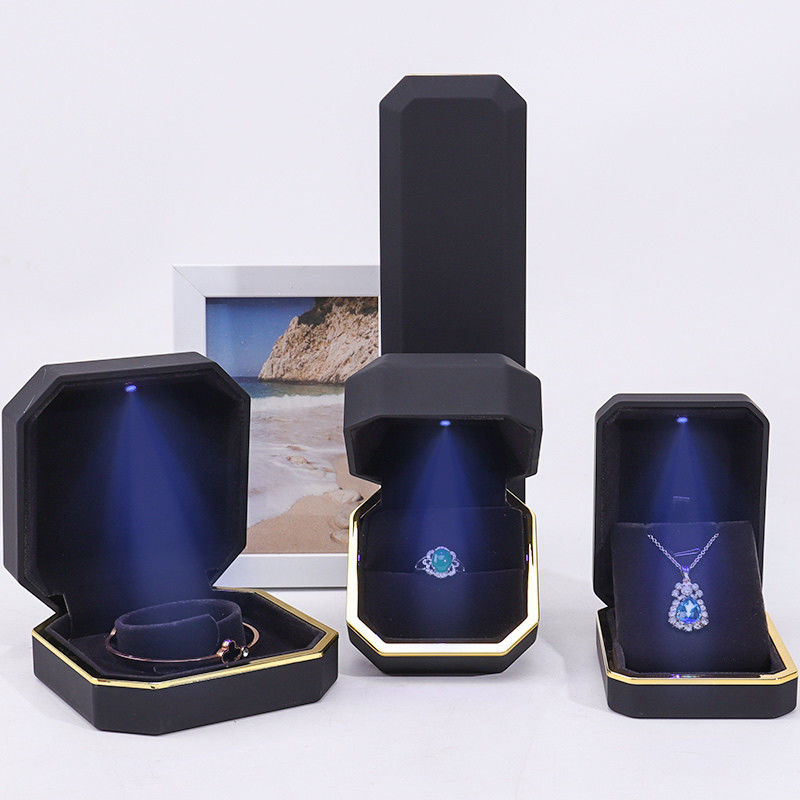 OEM ODM hign end Handmade black octagon Led light jewelry box with Velvet Insert