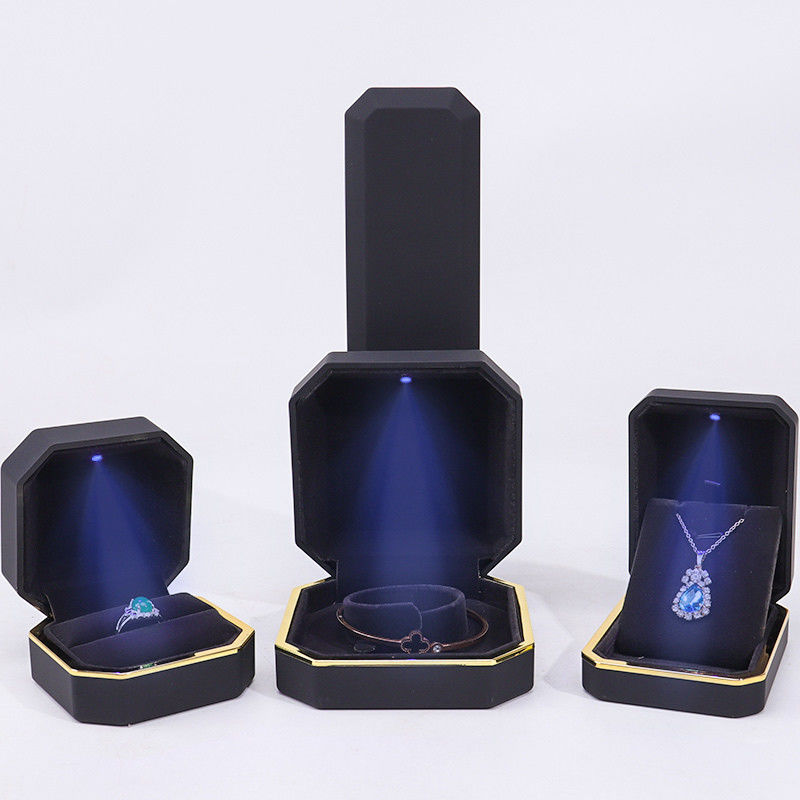 OEM ODM hign end Handmade black octagon Led light jewelry box with Velvet Insert