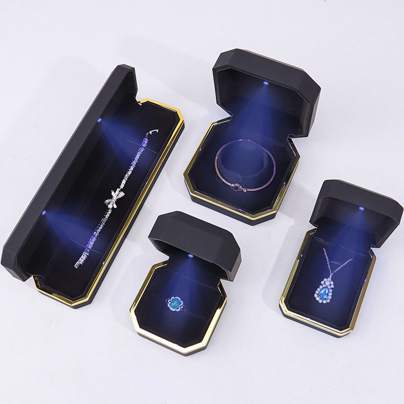 OEM ODM hign end Handmade black octagon Led light jewelry box with Velvet Insert