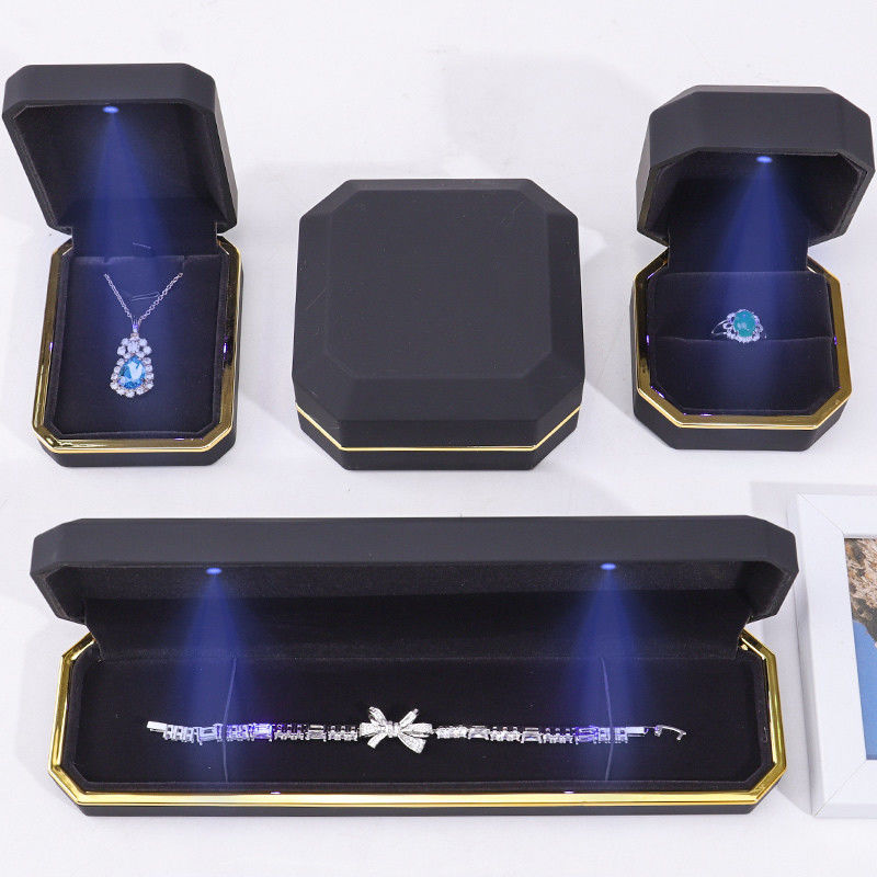 OEM ODM hign end Handmade black octagon Led light jewelry box with Velvet Insert