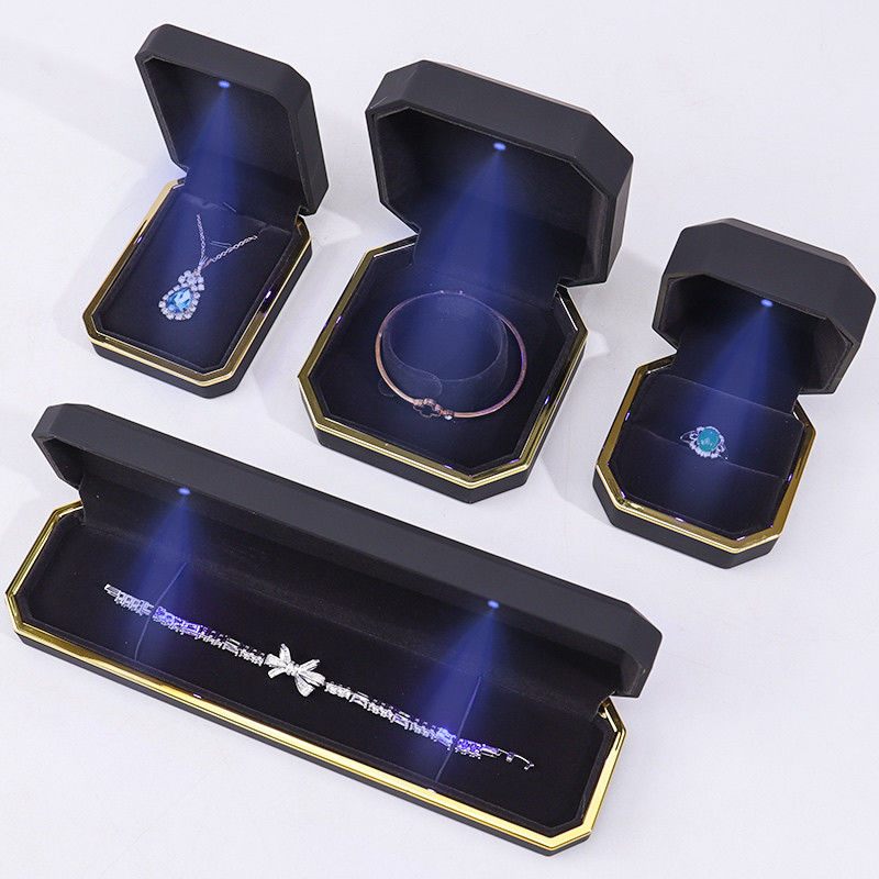 OEM ODM hign end Handmade black octagon Led light jewelry box with Velvet Insert