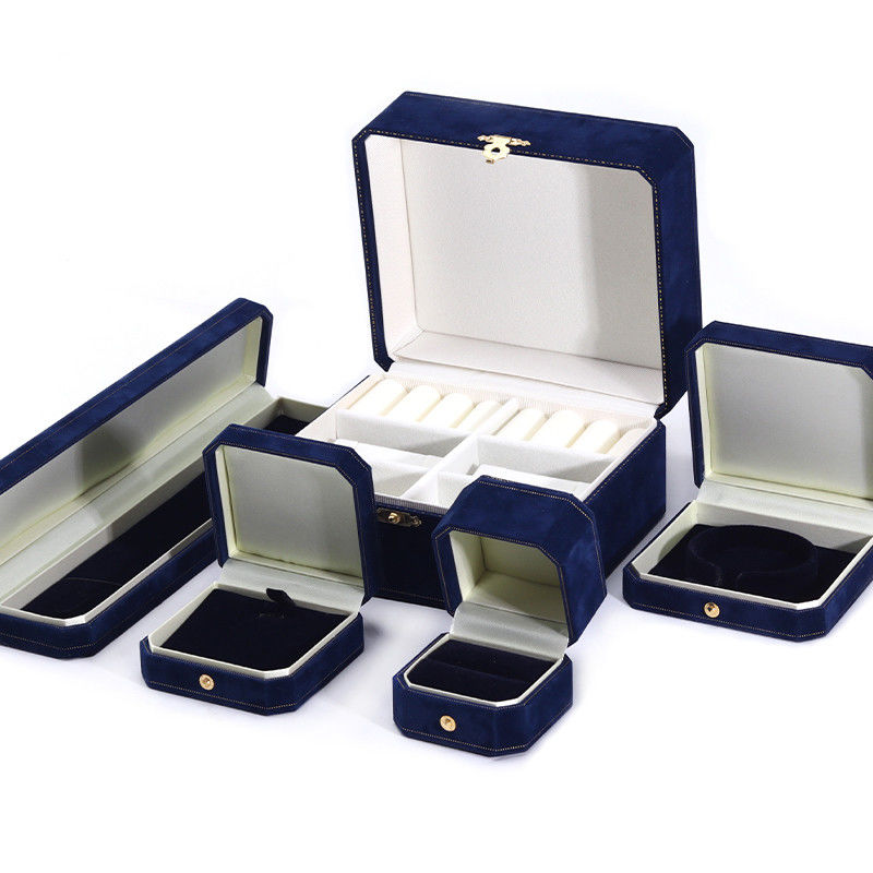 Handmade Rectangle Dark Blue Velvet Jewelry Box for Custom Luxury Bracelet Ring Set