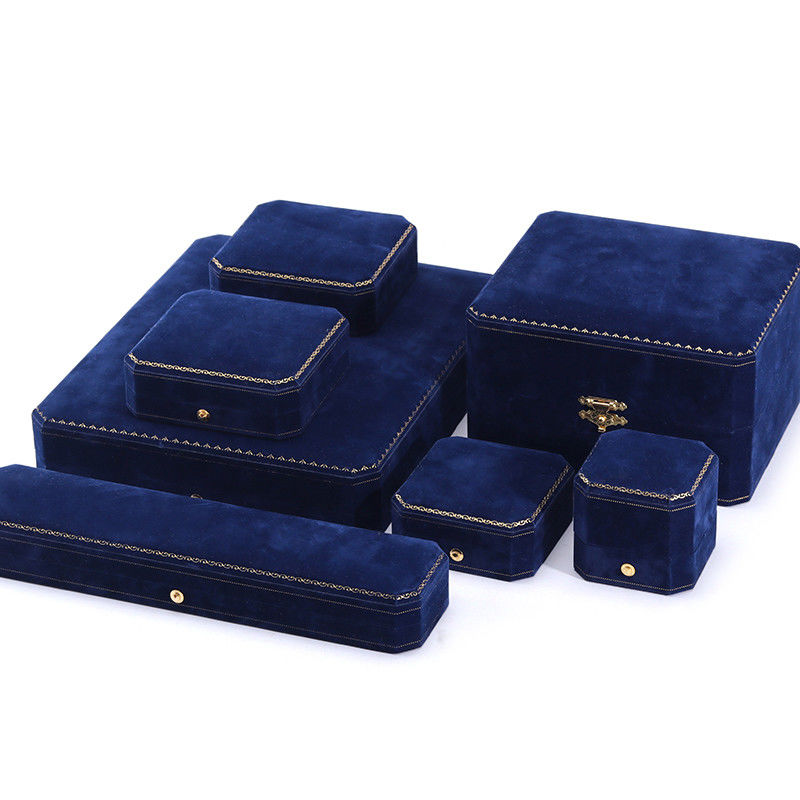 Handmade Rectangle Dark Blue Velvet Jewelry Box for Custom Luxury Bracelet Ring Set