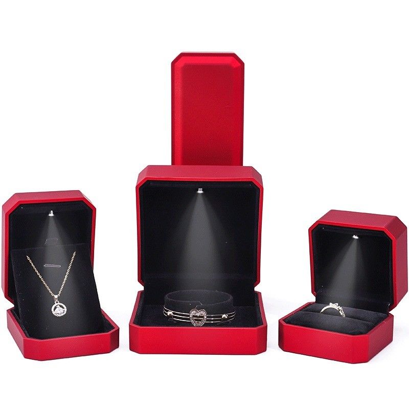 Luxury Jewelry Display Box with LED Light and Custom Logo Red Paint Finish 10*10*5cm