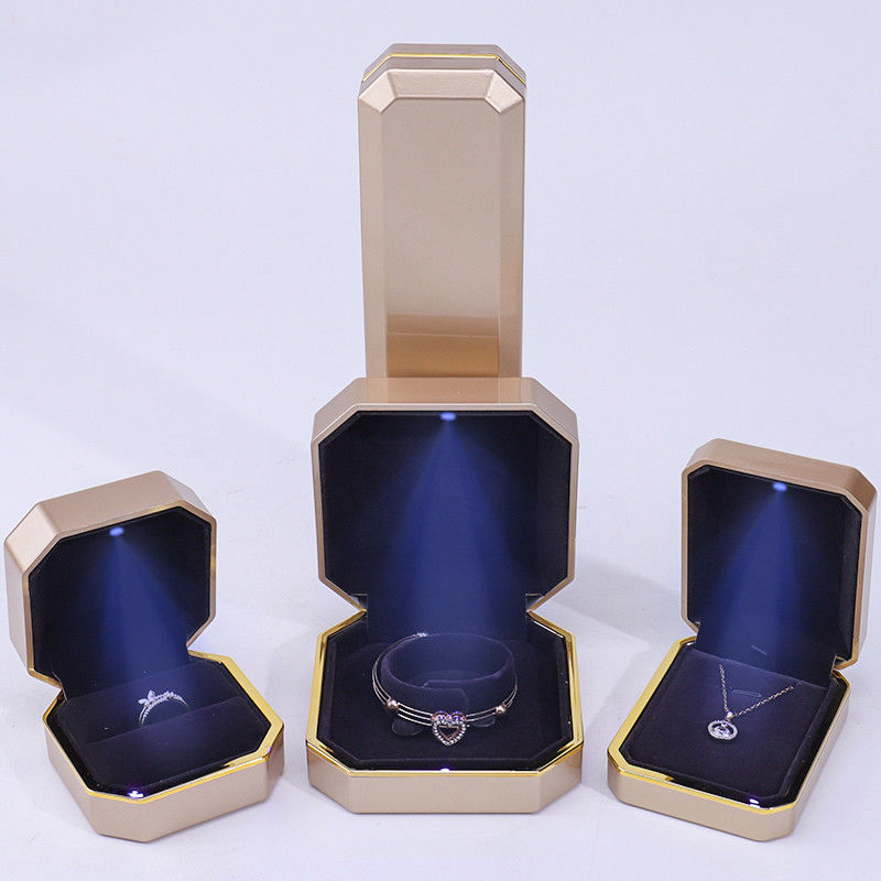 Octagonal Convex Plastic Velvet Jewelry Box LED Light Display Case Custom Size