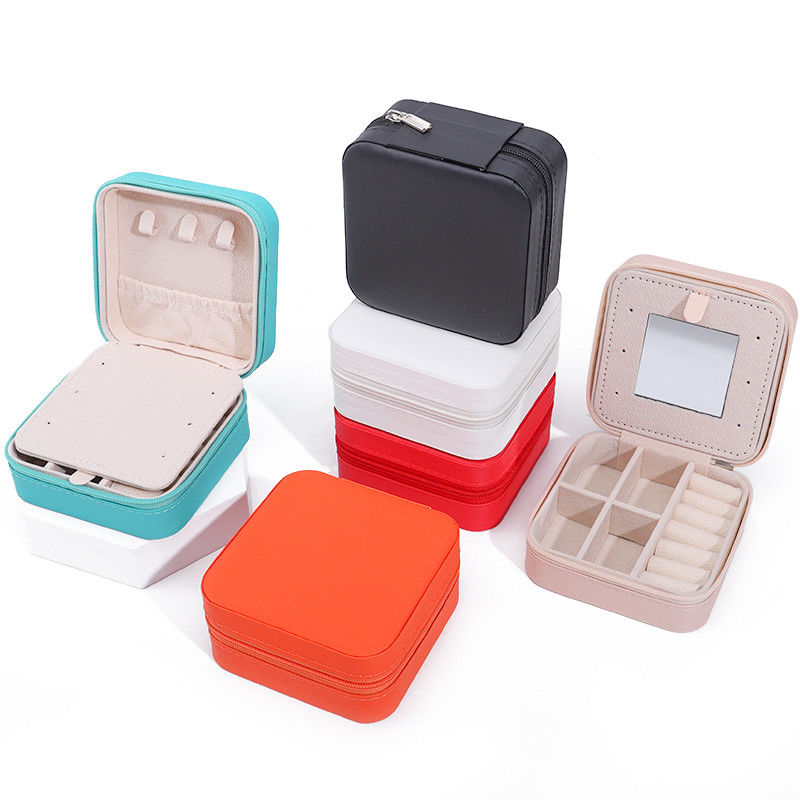 Custom Logo Travel Portable Square Storage Jewelry Box with Mirror in PU Leather