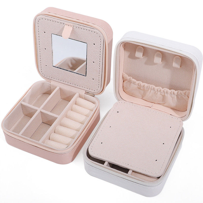 Custom Logo Travel Portable Square Storage Jewelry Box with Mirror in PU Leather