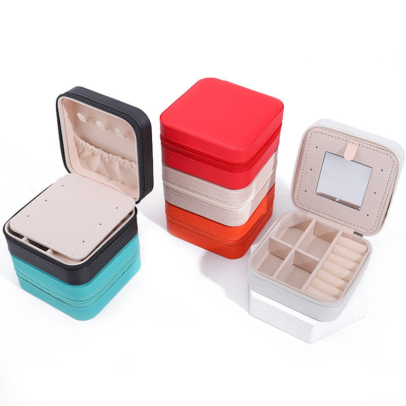 Custom Logo Travel Portable Square Storage Jewelry Box with Mirror in PU Leather