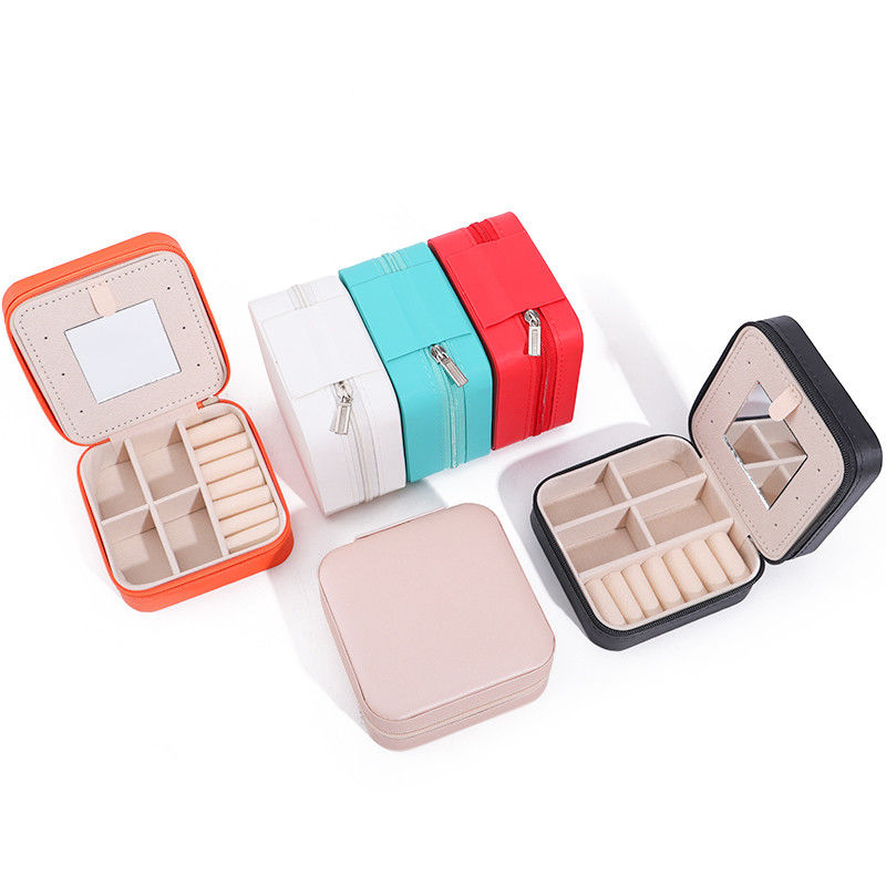 Custom Logo Travel Portable Square Storage Jewelry Box with Mirror in PU Leather