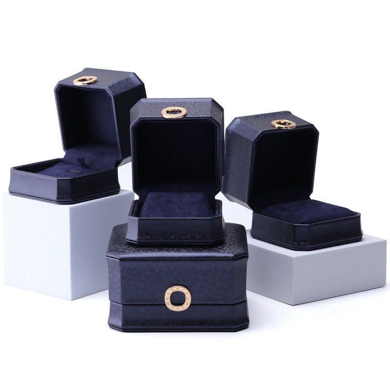 11*11*6cm Leather Jewelry Box Hanhong Square Necklace Ring Box with Metal Blue Luxury