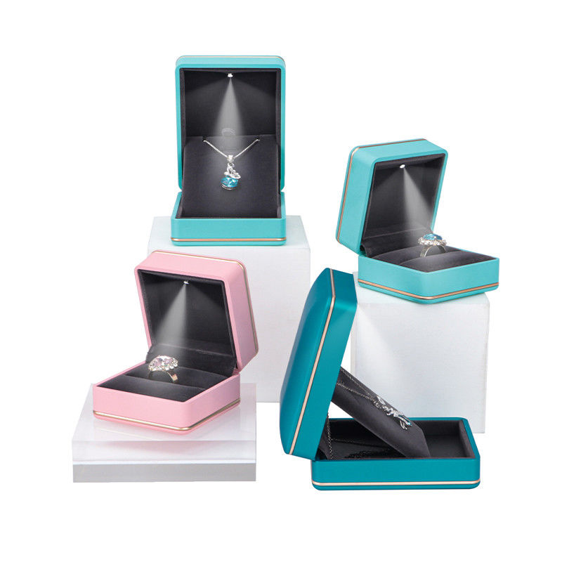 Custom Logo Silk Screen Printing Jewelry Storage Box with Light Hanhong Cyan Ring Box