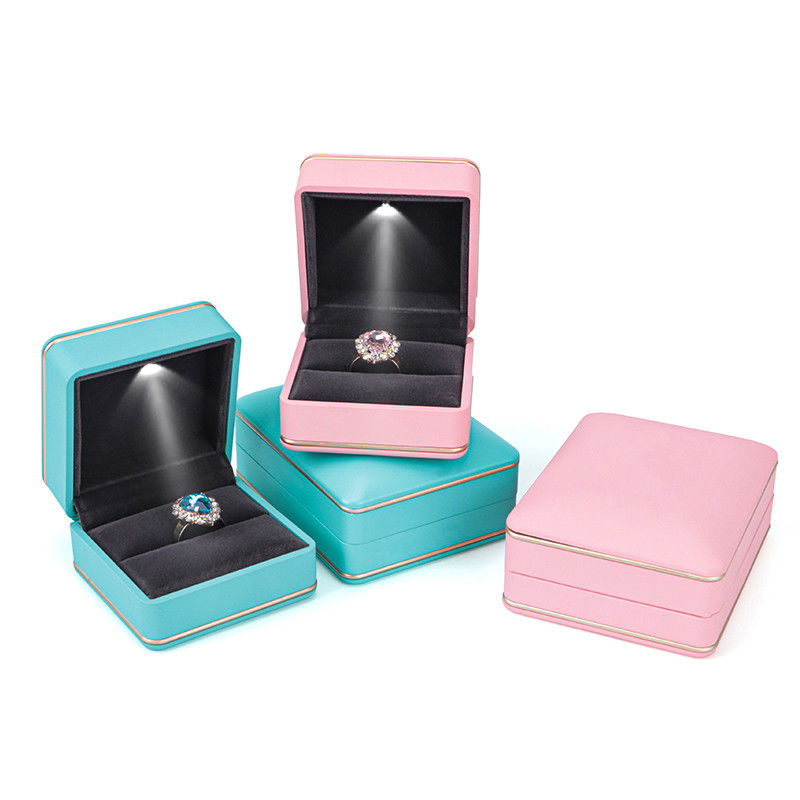 Custom Logo Silk Screen Printing Jewelry Storage Box with Light Hanhong Cyan Ring Box