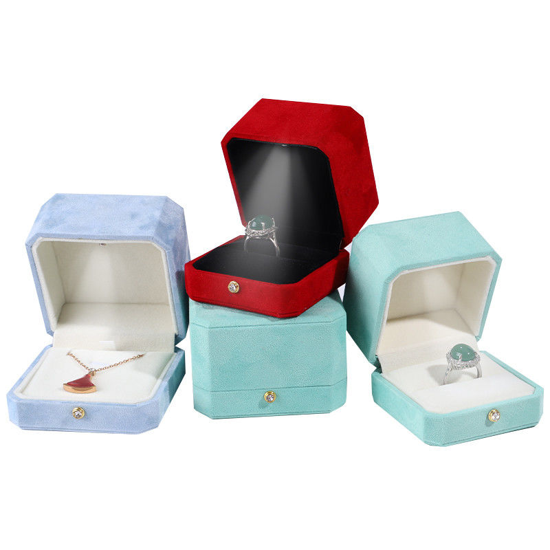 Customer's Logo Blue Octagonal Flannel Gold Buckle Jewelry Box for LED Jewelry Ring Box