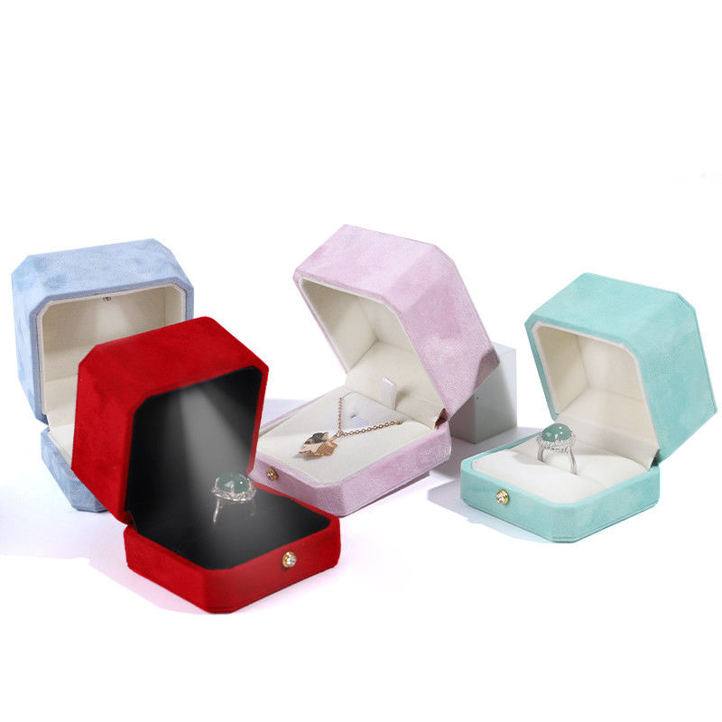 Customer's Logo Blue Octagonal Flannel Gold Buckle Jewelry Box for LED Jewelry Ring Box