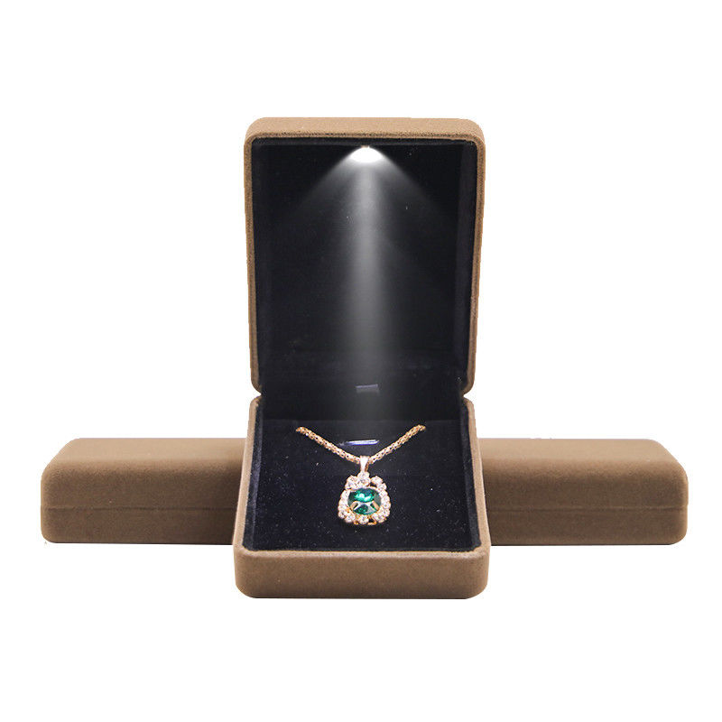 Hanhong Embossed Luxury LED Velvet Brown Jewelry Packaging Box Custom Ring Box with Light