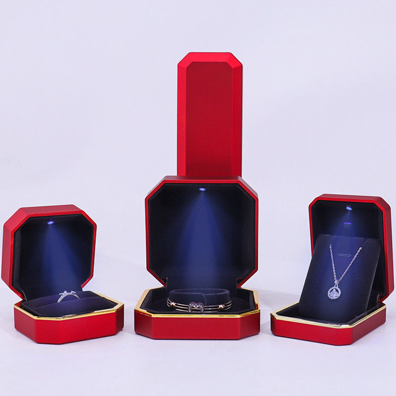 customizable hign end Handmade red octagon Led light jewelry box With gold trim
