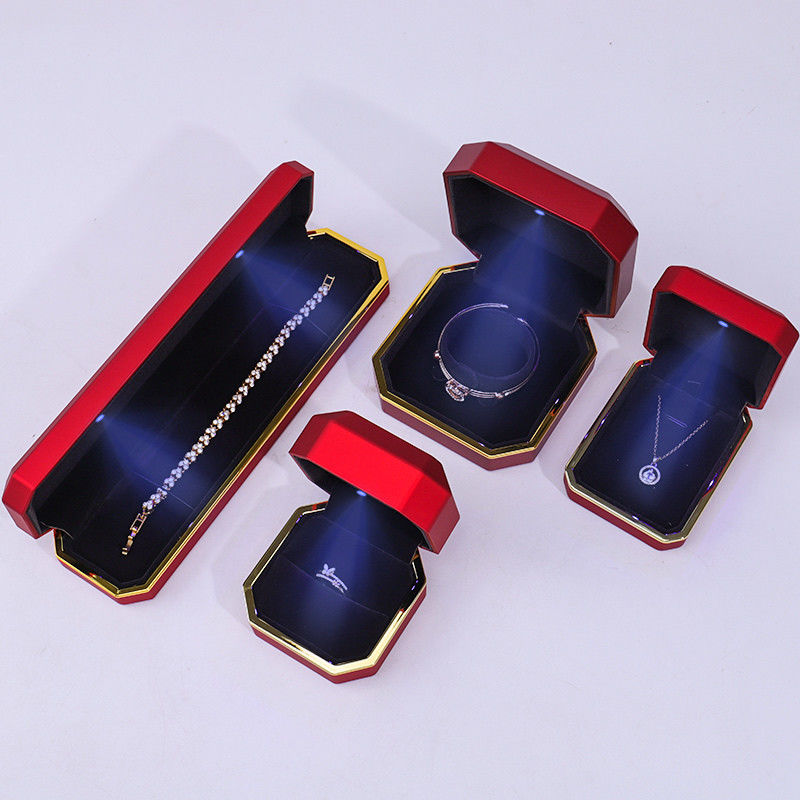 customizable hign end Handmade red octagon Led light jewelry box With gold trim