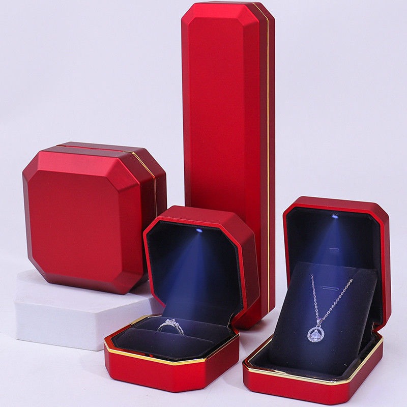 customizable hign end Handmade red octagon Led light jewelry box With gold trim