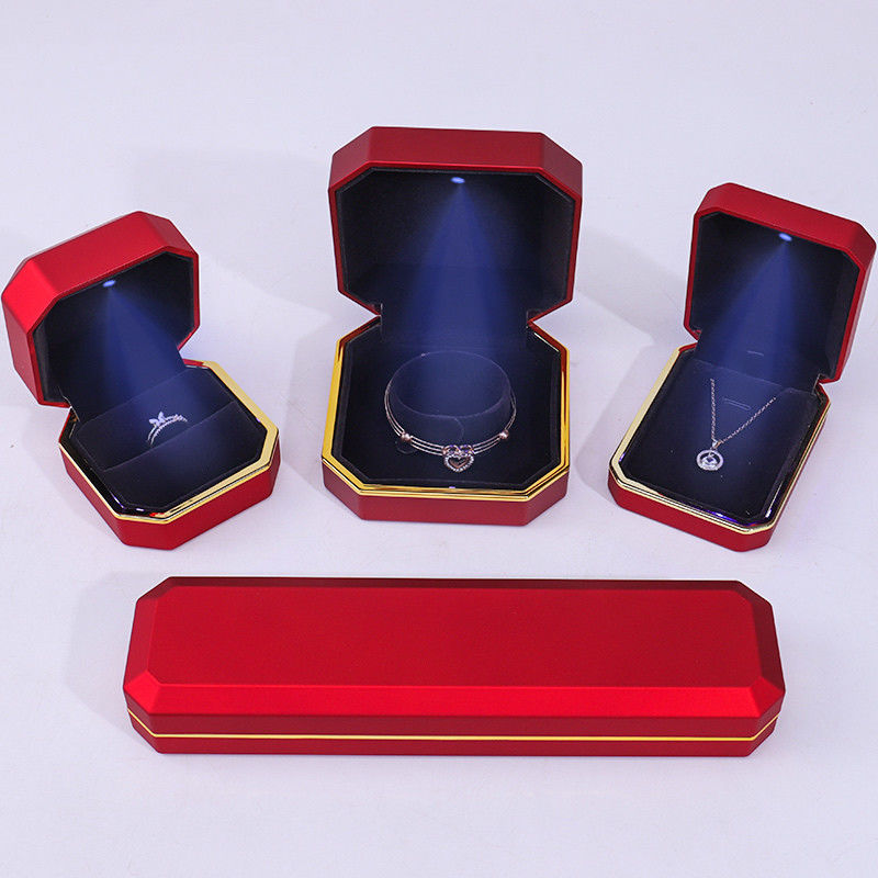 customizable hign end Handmade red octagon Led light jewelry box With gold trim