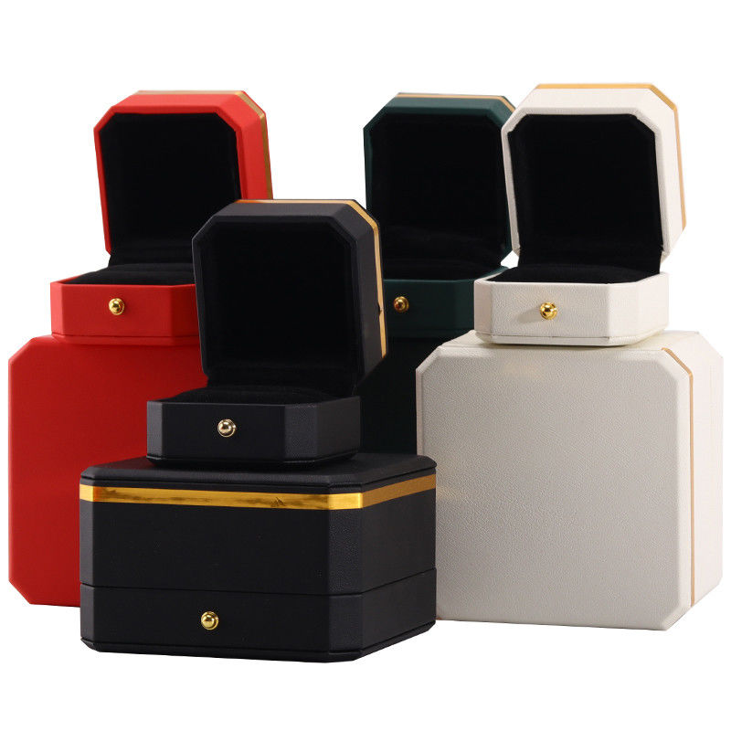 Multiple Colors Octagonal PU Leather Jewelry Packaging Case With Gold Trim Decor