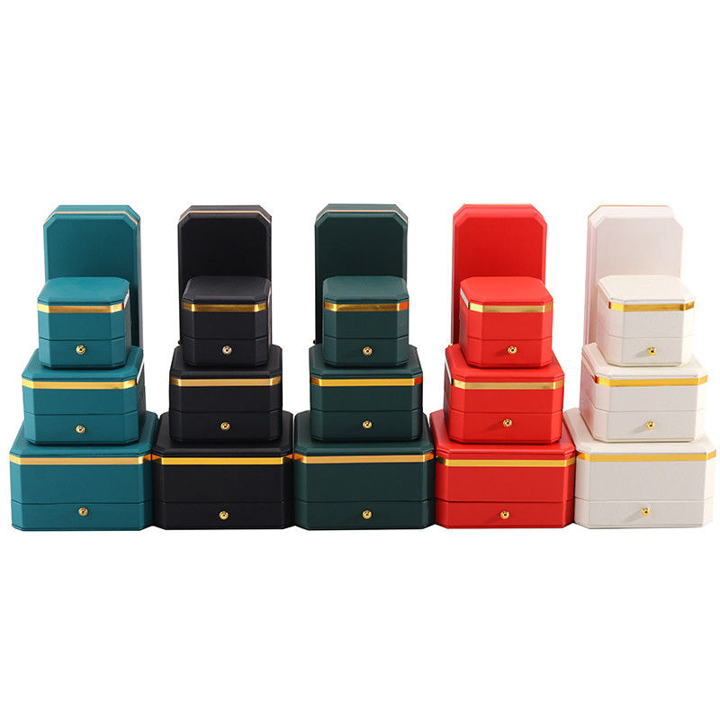 Multiple Colors Octagonal PU Leather Jewelry Packaging Case With Gold Trim Decor