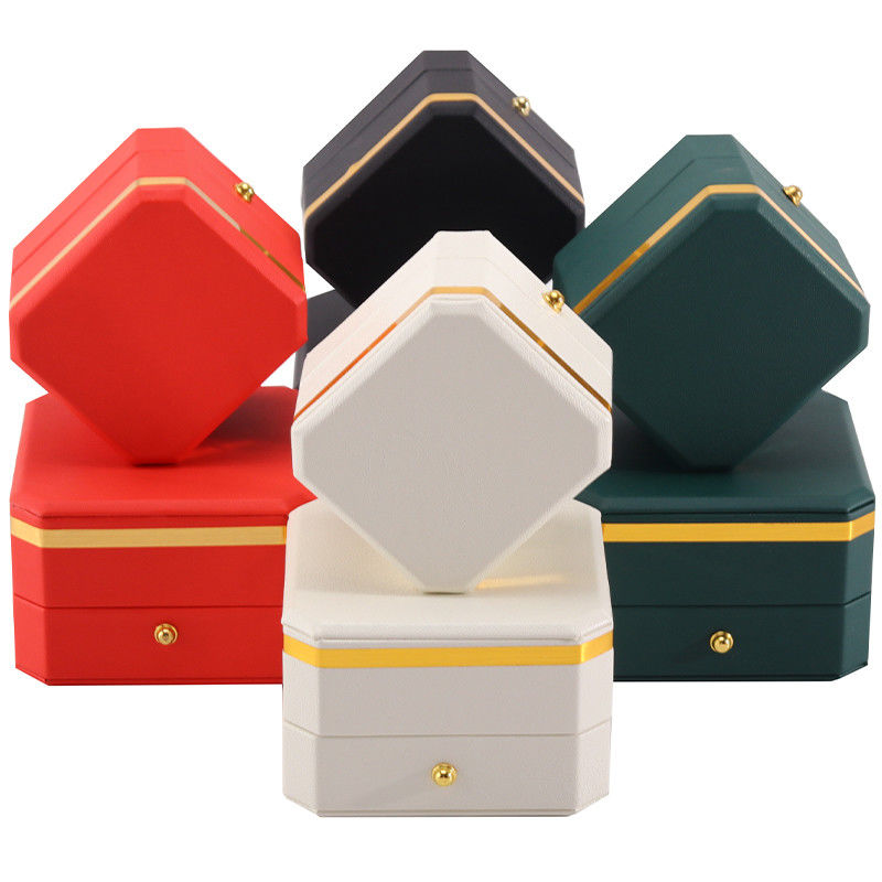 Multiple Colors Octagonal PU Leather Jewelry Packaging Case With Gold Trim Decor