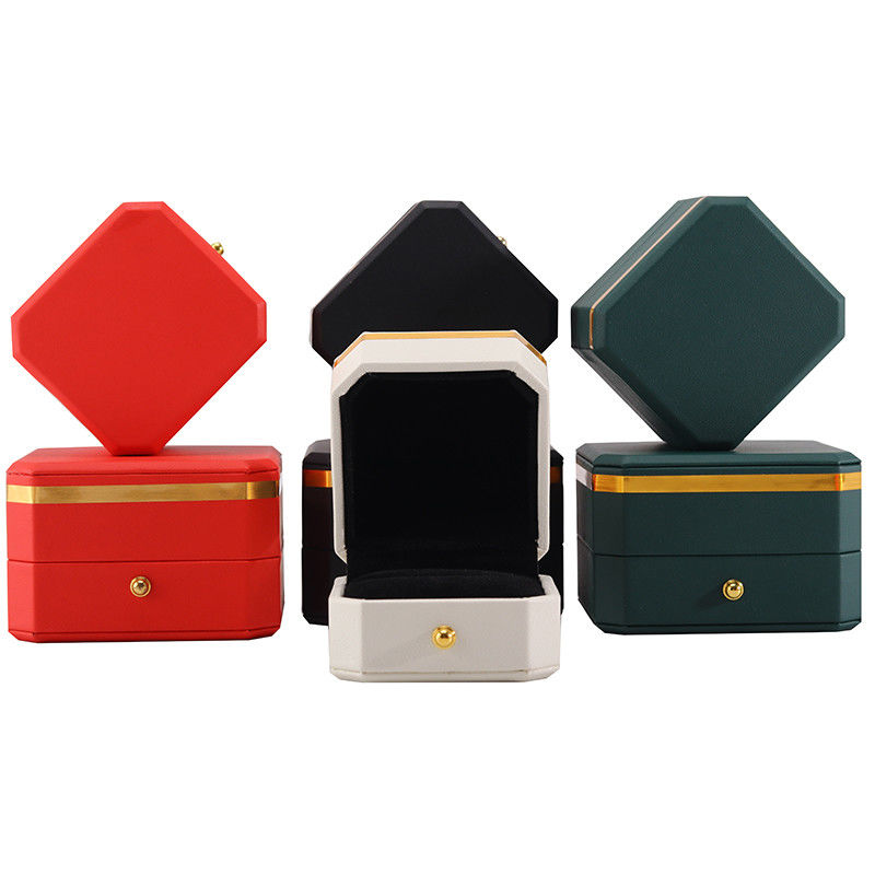 Multiple Colors Octagonal PU Leather Jewelry Packaging Case With Gold Trim Decor