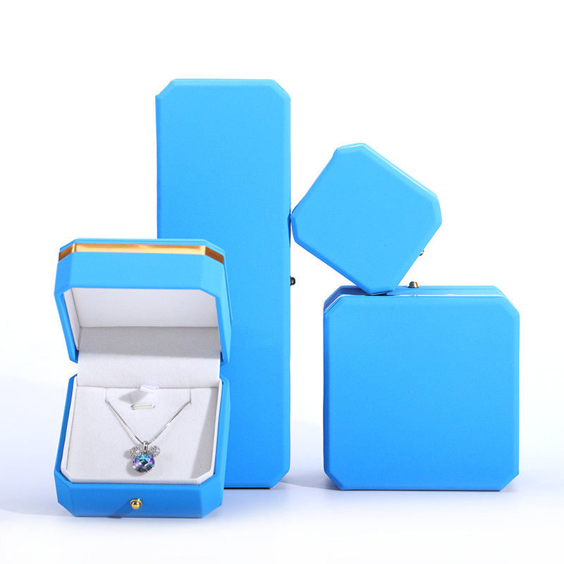 Blue PU Leather Gift Wrap Jewelry Box for Hanhong Octagonal Metal Button Custom Logo