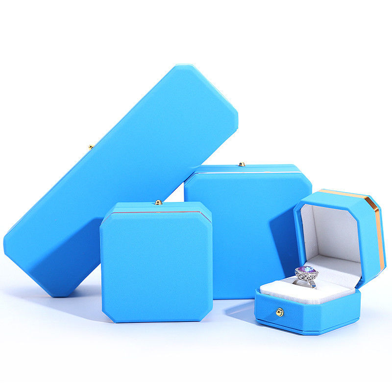 Blue PU Leather Gift Wrap Jewelry Box for Hanhong Octagonal Metal Button Custom Logo