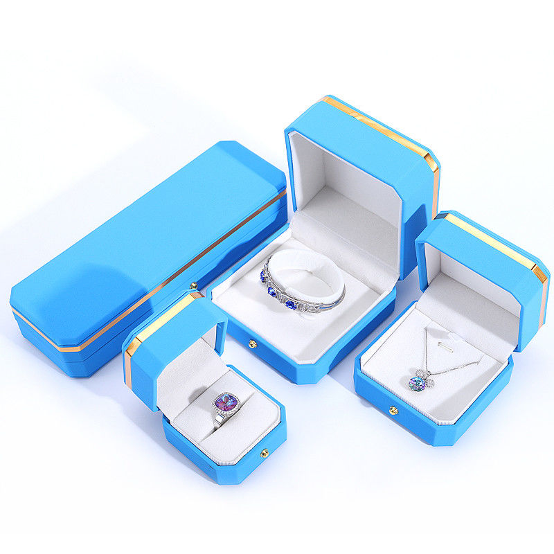 Blue PU Leather Gift Wrap Jewelry Box for Hanhong Octagonal Metal Button Custom Logo