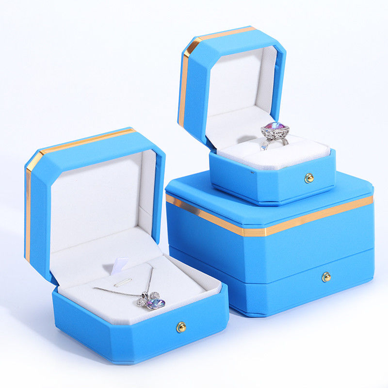 Blue PU Leather Gift Wrap Jewelry Box for Hanhong Octagonal Metal Button Custom Logo