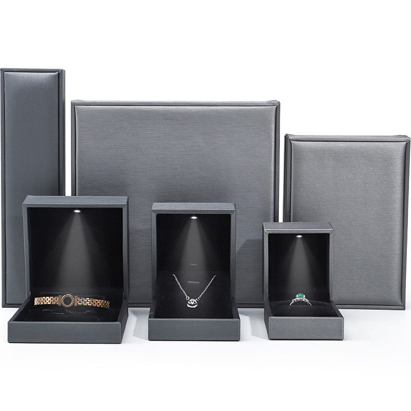 Grey Lightweight Leather LED Jewelry Box Luxury Packaging For Bracelet Necklace Ring