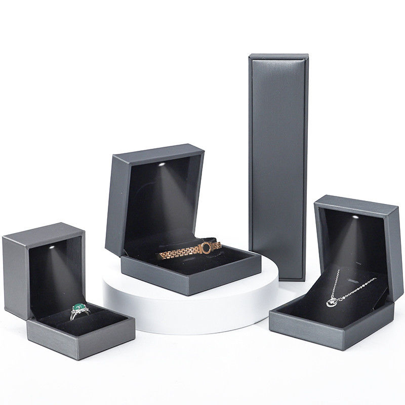 Grey Lightweight Leather LED Jewelry Box Luxury Packaging For Bracelet Necklace Ring