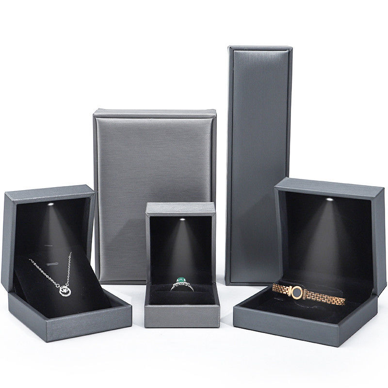 Grey Lightweight Leather LED Jewelry Box Luxury Packaging For Bracelet Necklace Ring