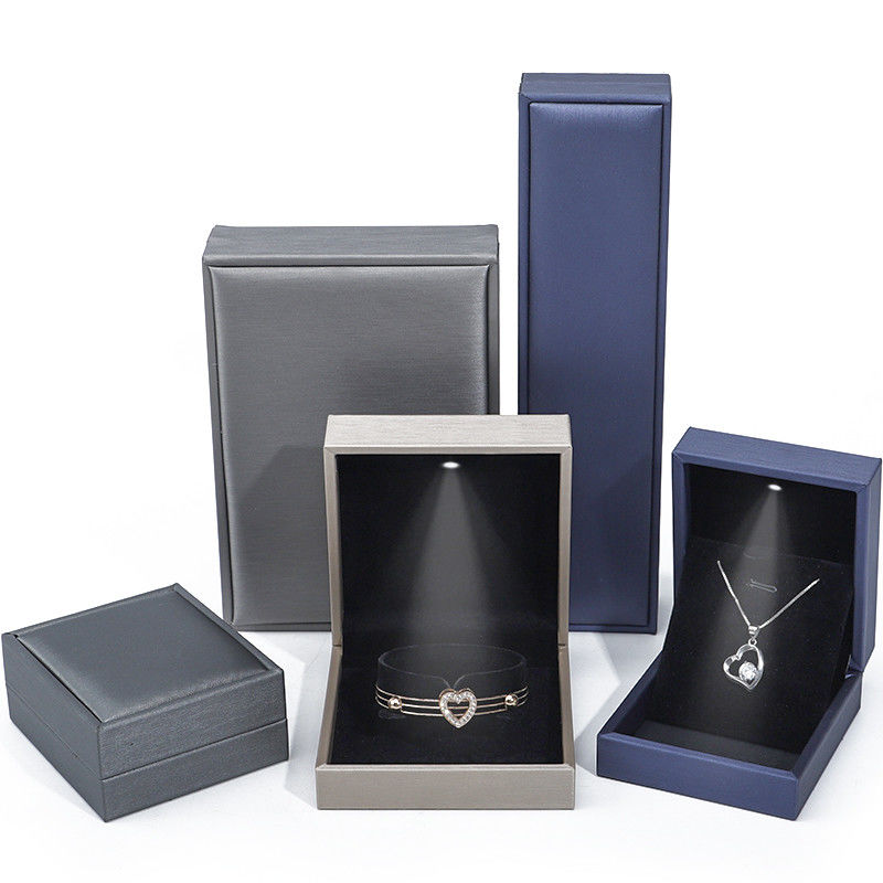 Grey Lightweight Leather LED Jewelry Box Luxury Packaging For Bracelet Necklace Ring