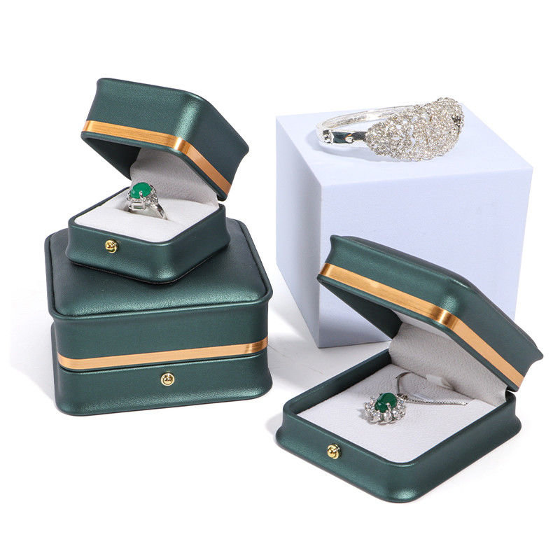 Custom Logo Dark Green Leather Jewelry Box with Hanhong Packaging and Velvet Lining