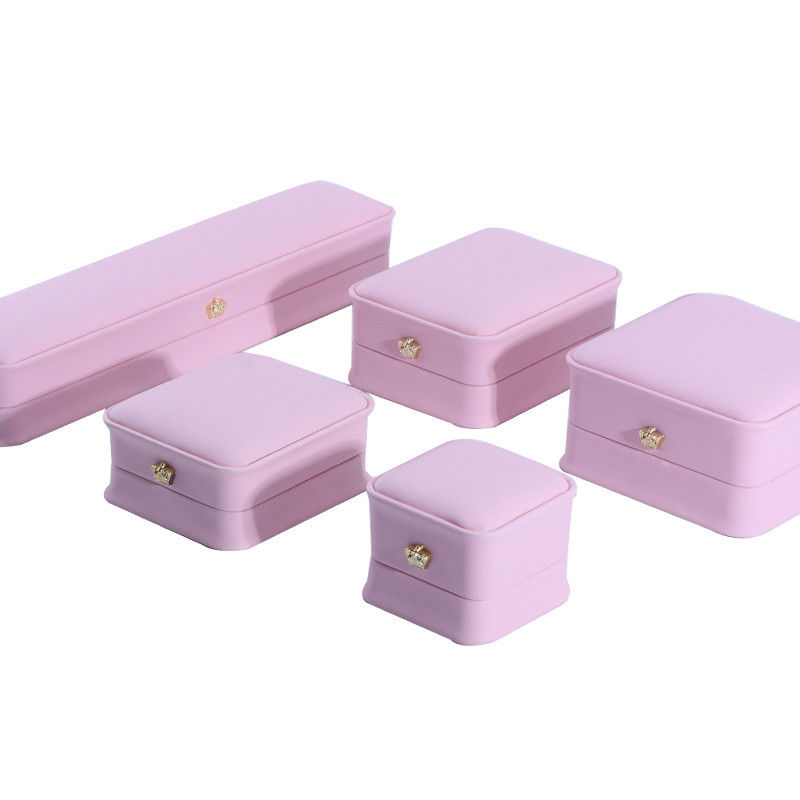 Pink Stud Earrings Bracelet Necklace Ring Jewelry Box with Customized Size PU Leather