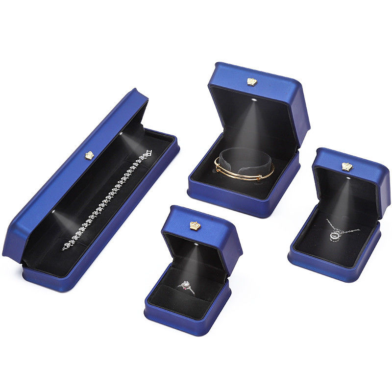 Soft Convex PU Leather LED Jewelry Storage Box Luxury Jewelry Case Dark Blue Color